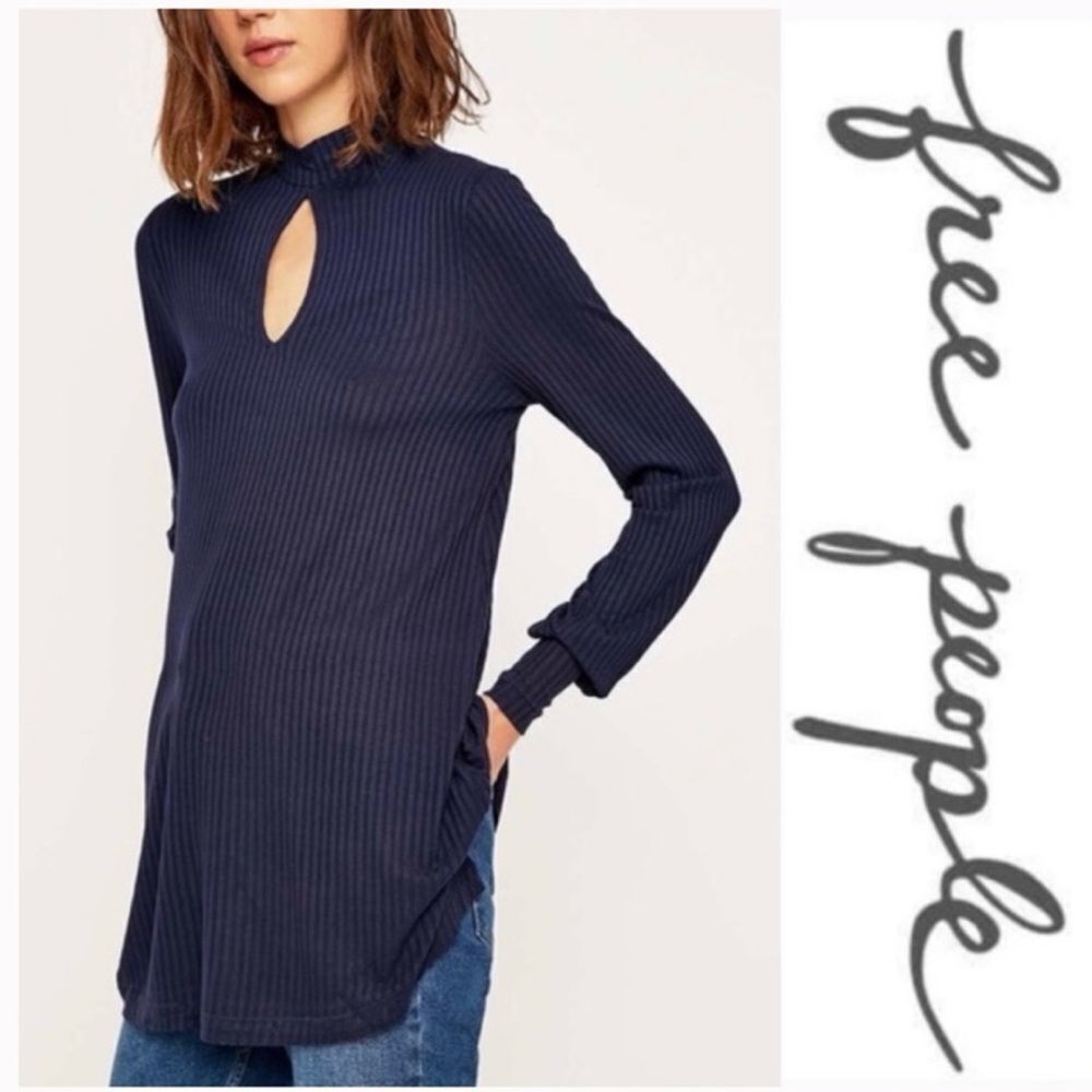 Free People Top Copa Banana Ribbed Keyhole Tunic Navy Medium